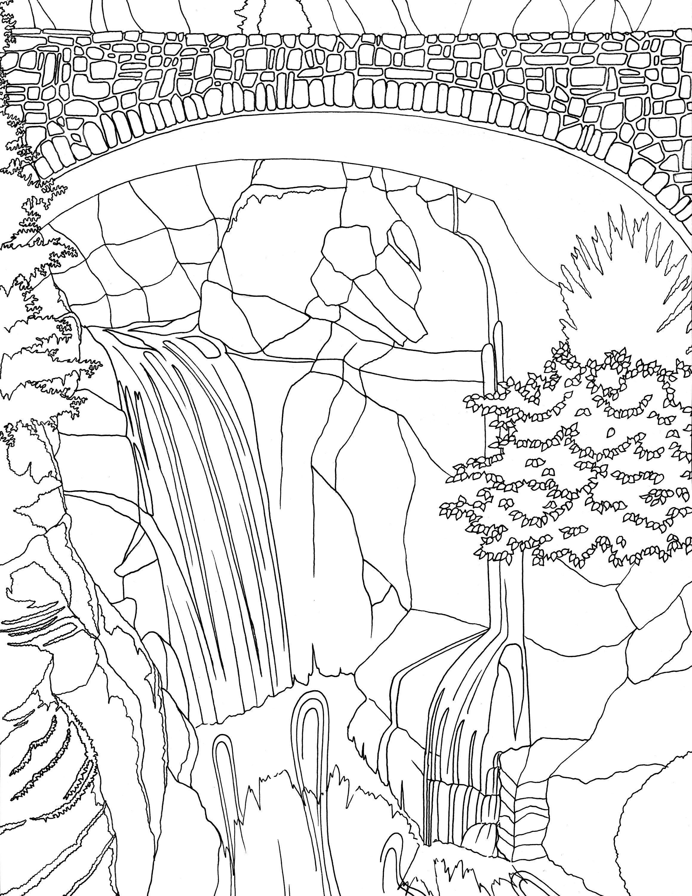 Coluring In Rainer's Mount Rainier Bridge Over Waterfall Adult Coloring Page, Mount Rainier ...