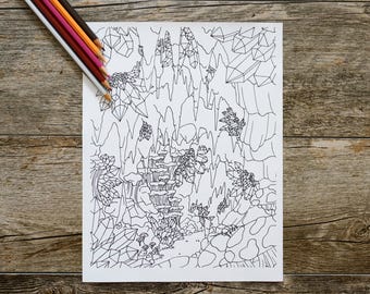 Página para colorir "Dentro de uma caverna com cristais e cogumelos", página para colorir "Ao ar livre", download digital, download instantâneo, página para colorir "Natureza"