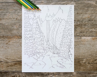 Página para colorir de cachoeira e rio nas montanhas, página para colorir ao ar livre, download digital, download instantâneo, página para colorir da natureza