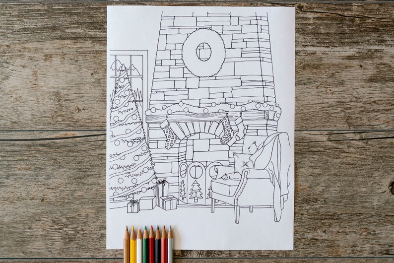 Cozy Christmas Fireplace Coloring Page With a Cat, Christmas Coloring ...