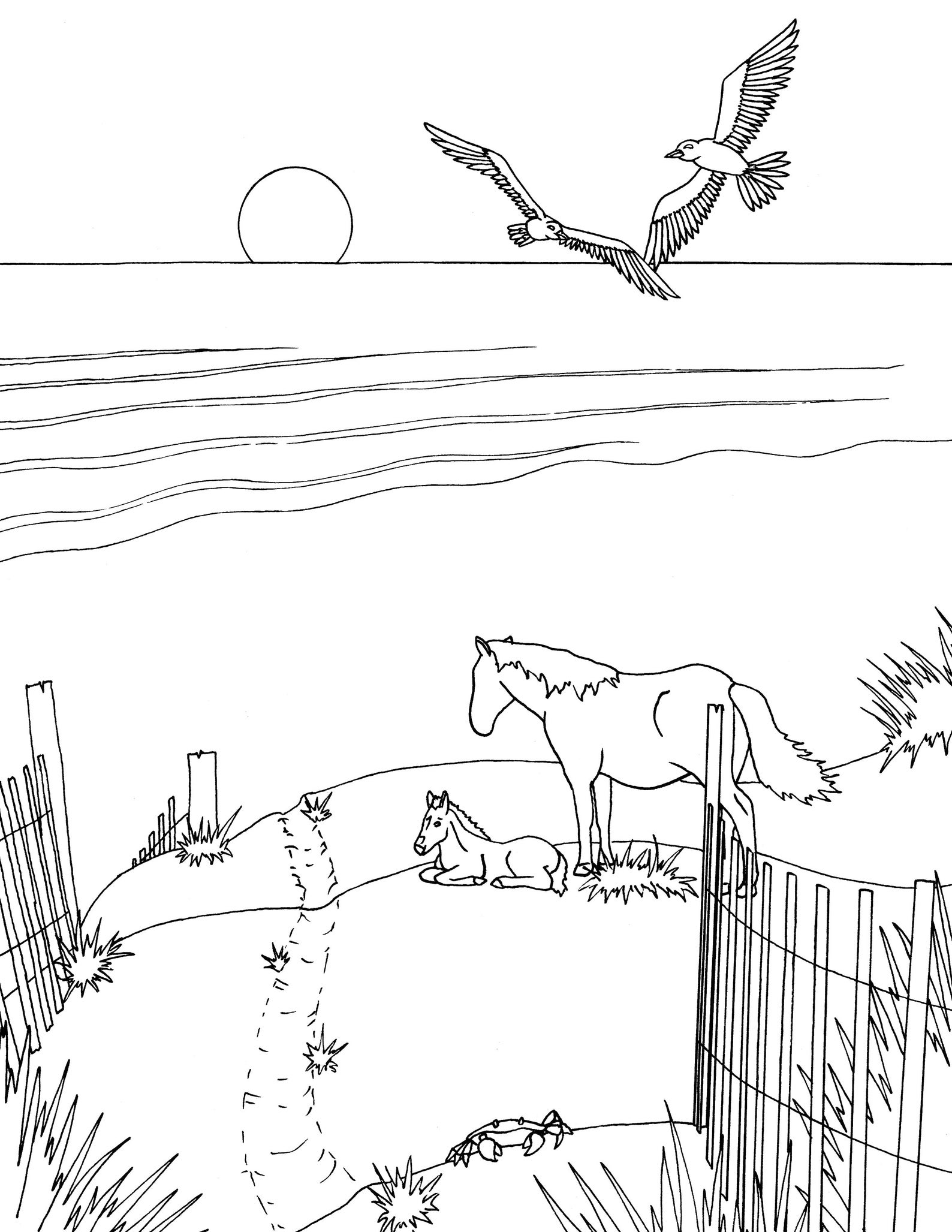 Horses on the Beach Children's Coloring Page, Outer Banks North Carolina Coloring Page, Beach ...