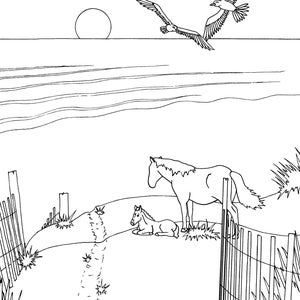 Horses on the Beach Children's Coloring Page, Outer Banks North Carolina Coloring Page, Beach ...