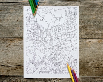 Lindas paisagens de montanha com cachoeira e trilha para colorir, página para colorir de aventura, natureza selvagem, download digital, download instantâneo