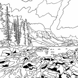 Waterfall and a Lake Below the Mountains Adult Coloring Page, Nature Coloring Pages, Mountains Coloring Page, River Coloring Page, Relaxing image 3