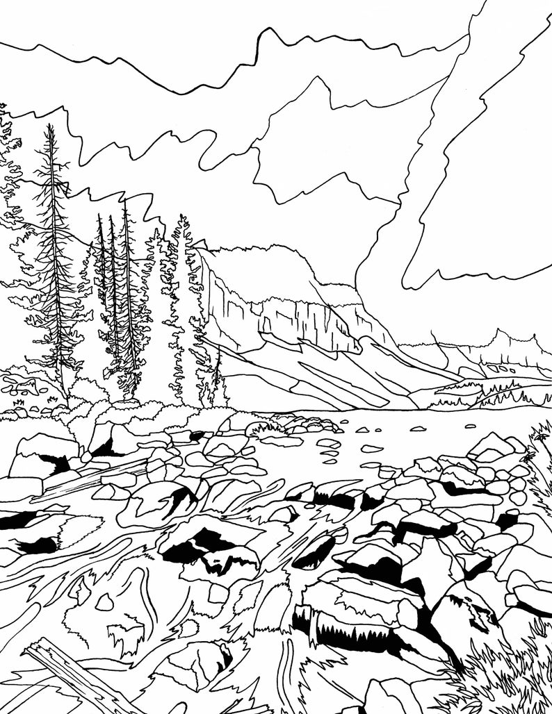 Waterfall and a Lake Below the Mountains Adult Coloring Page, Nature Coloring Pages, Mountains Coloring Page, River Coloring Page, Relaxing image 3