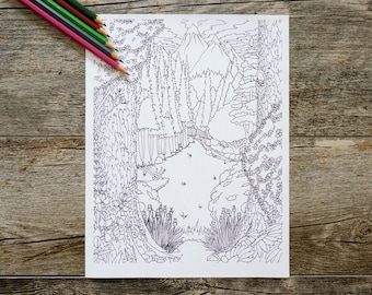 Página para colorir de prado com um alce na floresta, página para colorir ao ar livre, download digital, download instantâneo, página para colorir da natureza, colorir