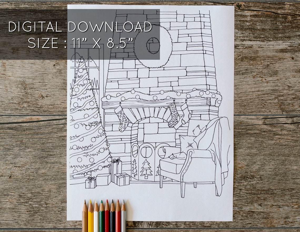 Cozy Christmas Fireplace Coloring Page With a Cat, Christmas Coloring ...