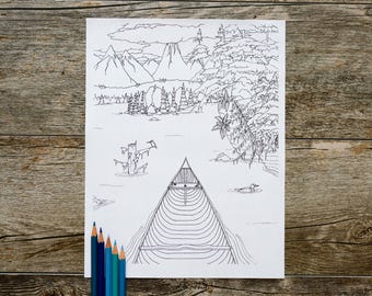Página para colorir de canoa deslizando sobre um lago, página para colorir de atividades ao ar livre, página para colorir de aventura, natureza selvagem, download digital, download instantâneo