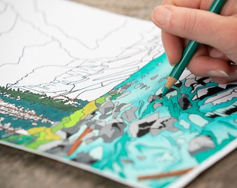 Cachoeira e um lago abaixo das montanhas Página para colorir para adultos, Página para colorir da natureza, Página para colorir montanhas, Página para colorir rio, Relaxante