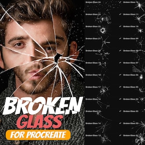 May include: A set of 24 broken glass overlays for Procreate. The overlays are in black and white and show various cracks and breaks in the glass.