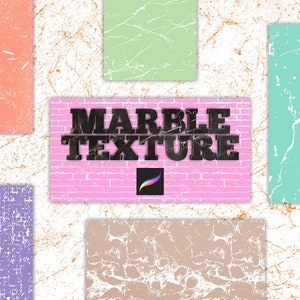 Pode incluir: Imagem digital com o texto "MARBLE TEXTURE" em fonte escura e texturizada, sobre um fundo de tijolos rosa. Painéis retangulares de várias cores, incluindo coral, verde e roxo, cada um com um padrão semelhante ao mármore, circundam o texto.