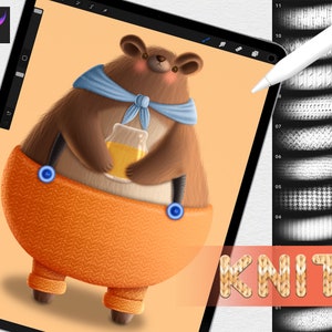 May include: A brown bear wearing a blue scarf and orange overalls with a knitted pattern. The bear is holding a jar of honey. The image includes a variety of knitted textures.
