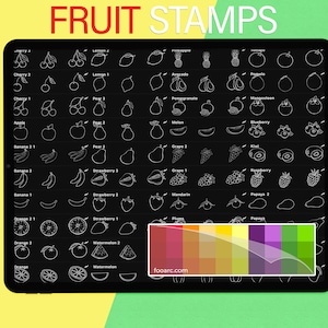 Puede incluir: La pantalla de una tableta digital muestra un fondo negro con contornos blancos de varias frutas. Las frutas están dispuestas en filas y columnas, con cada fruta etiquetada con su nombre. La parte inferior de la pantalla muestra un degradado de color de rojo a verde, con el texto "fooarc.com" en blanco.