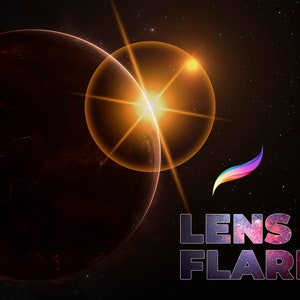 May include: A digital illustration of a planet with a bright lens flare behind it. The text "LENS FLARE" is in the foreground.