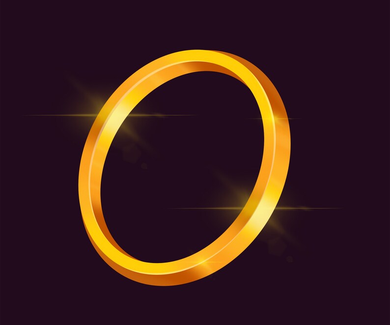 May include: A shiny gold ring with a smooth, rounded surface. The ring is isolated against a black background.