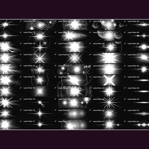 May include: A collection of 50 different lens flare effects, each with a unique shape and intensity. The flares are white and appear on a black background.