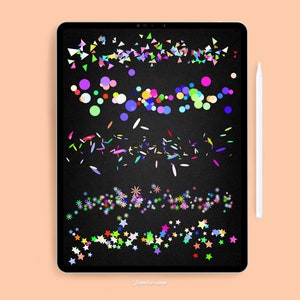 May include: A digital tablet screen displaying five rows of colorful confetti, including triangles, circles, and stars. The confetti is arranged in a repeating pattern, creating a festive and celebratory design.