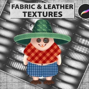 Puede incluir: Una ilustración digital de un personaje de dibujos animados con un sombrero verde y una camisa a cuadros rojos y blancos. El personaje está de pie frente a una tabla de diferentes texturas de tela y cuero. La tabla está etiquetada como "Texturas de tela y cuero".