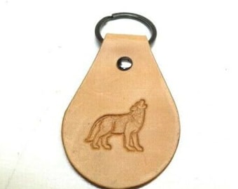Handmade Genuine Leather Keychain with wild Wolf Coyote Dog Howling Key Ring Chain gift FOB Christmas Gift, Anniversary Gift For Him