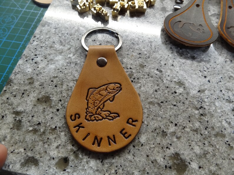 Personalized Leather Keychain FISH Trout Fishing Custom Etsy