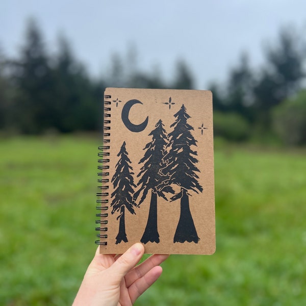 Block Print Notebook- Trees and Moon linocut, Kraft Notebook, Diary, Nature Journal, Field Notes, Bullet Notebook, Hand-Made