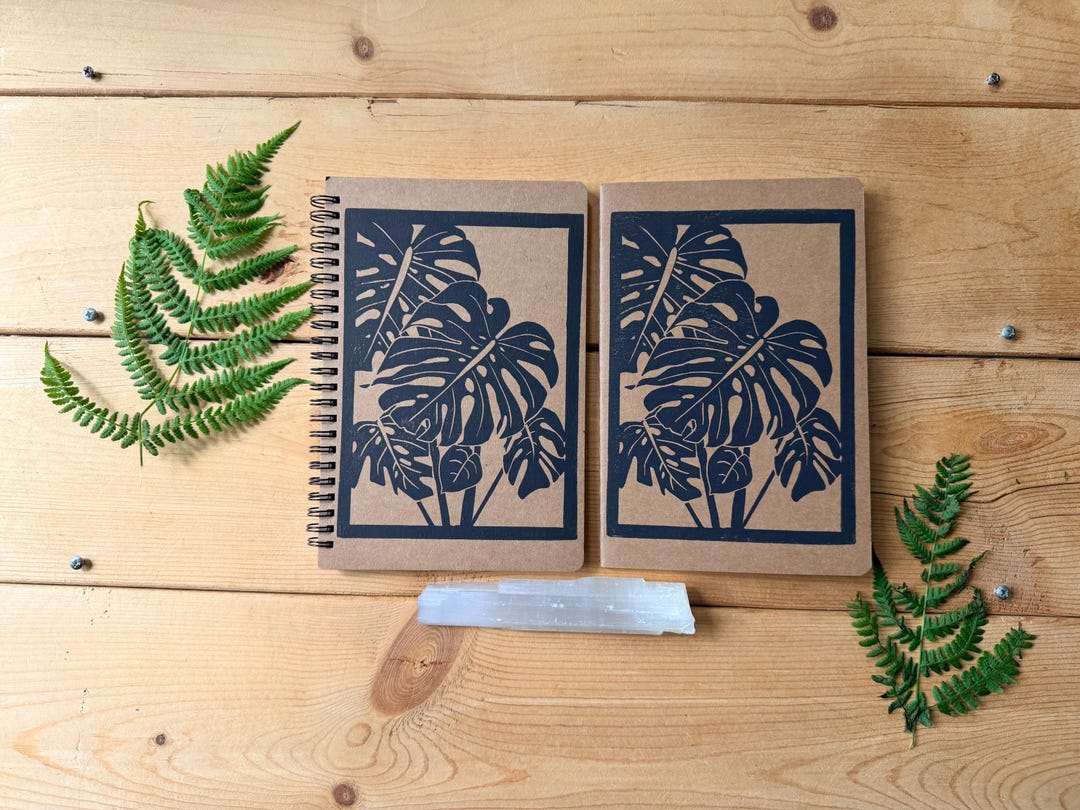 Monstera Block Print Notebook – Hand Stamped Kraft Journal - Etsy