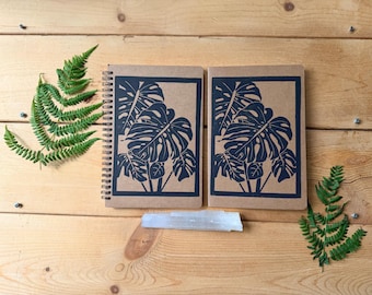 Monstera Block Print Notebook – Hand Stamped Kraft Journal
