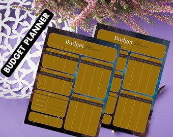 May include: A printable budget planner featuring a galaxy background. The planner includes sections for income, savings, monthly expenses, and bills. It is designed to help you track your finances and stick to your budget.
