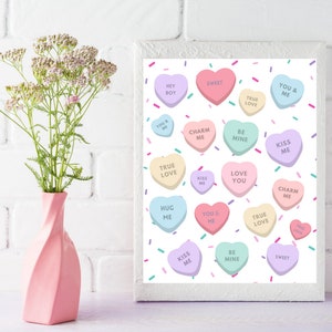 Candy Hearts Printable Wall Art, Sweet Hearts Print, Valentines Day Decor, Valentines Day Romantic Wall Art, Valentine Party Decor