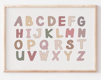 May include: A framed print of the alphabet in a variety of pastel colors. The letters are in a playful, rounded font.