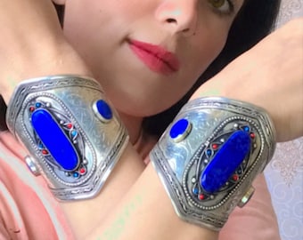 Kuchi Lapis Lazuli Cuff Bracelet: Vintage Tribal Boho Jewelry