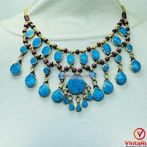 Afghan Tribal Stone Bib Necklace: Antique Beaded Jewelry