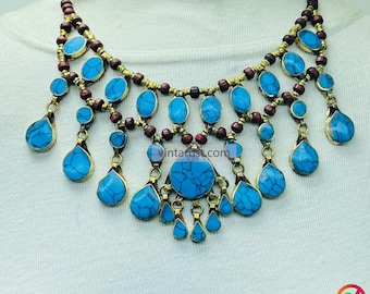 Afghan Tribal Stone Bib Necklace: Antique Beaded Jewelry