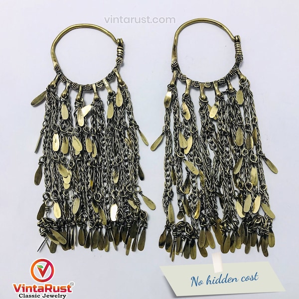 Vintage Silver Kuchi Earrings, Tribal Dangle Earrings, Boho Earrings With Dangling Tassels, Long Earrings, Massive, Silver Kuchi Jewelry