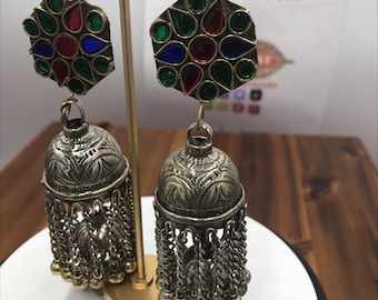Afghani Jhumka Earrings: Multicolor Glass Stones, Tribal Boho Jewelry
