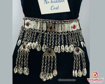 ceinture turkmène vintage avec pendentifs pendants et pierres de verre, ceinture tribale de danse du ventre, ceinture turkmène, ceintures argentées Kuchi, ceinture de danse du ventre