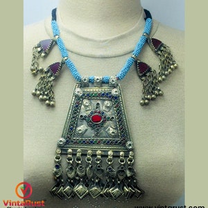 Vintage Afghan Pendant Necklace: Turquoise Beads, Enamel Tassels