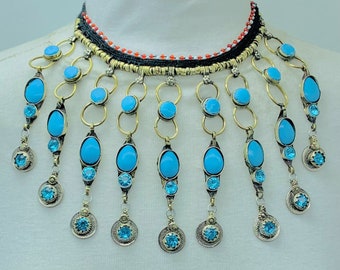 Turquoise Stone Choker: Tribal Tassel Necklace, Boho Statement Jewelry