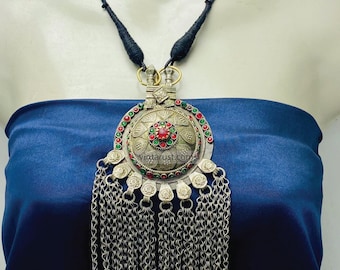Large Silver Pendant with Chain Tassels: Bohemian Afghan Kuchi Necklace