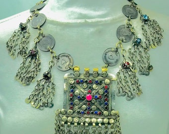 Vintage Silver Coins Chain Necklace: Tribal Boho Pendant
