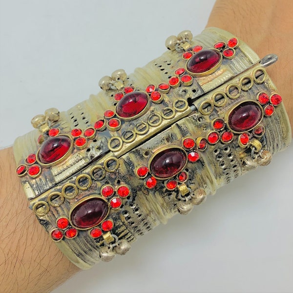 Afghan Red Stone Tribal Cuff, Handmade Kuchi Handcuff Bracelet, Large Old Collectible Kuchi Bracelets, Tribal Jewelry from Central Asia