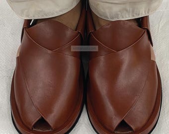 Men’s Brown Leather Peshawari Chappal: Traditional Leather Footwear Sandals