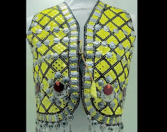 Yellow Afghan Vest, Handmade Embroidered Vest With Silver Motifs and Bells, Afghan Vest For Both Men and Women, Afghan Traditional Waistcoat