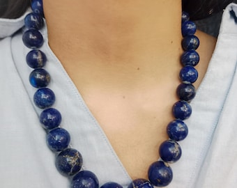 Vintage Lapis Lazuli Bead Necklace: Single Strand Gemstone Jewelry