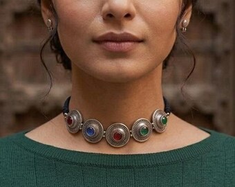 Turkman Multi Stone Button Choker: Handmade Statement Necklace