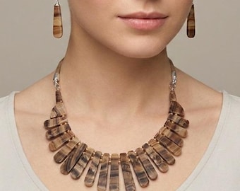 Natural Brown Stone Jewelry Set: Handmade Statement Gemstone Necklace and Earrings