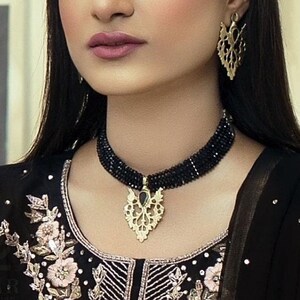 Black Jewelry Set, Black Beads With Motif Jewelry Set, Dangling Motif Choker Necklace With Studs Earrings, Ethnic Jewelry Set, Handmade