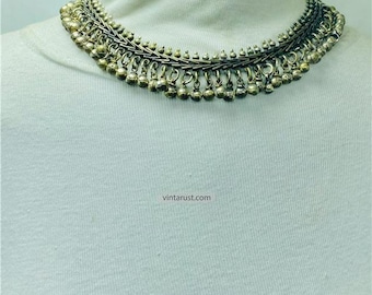 Vintage Statement Rustic Silver Choker Necklace: Handmade Kuchi Boho Jewelry