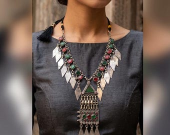Tribal Gypsy Style Necklace With Multi Color Stones Pendant