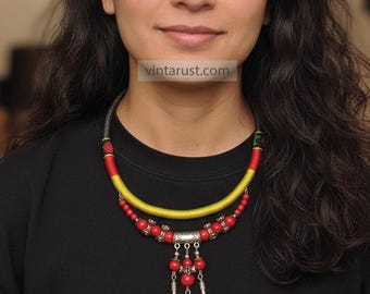 Ethnic Red Bead Necklace with Silver Dangles: Boho Tribal Choker